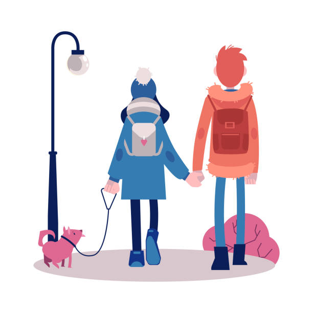 stockillustraties, clipart, cartoons en iconen met vector paar lopen buiten in herfst met hond - happy couple cold