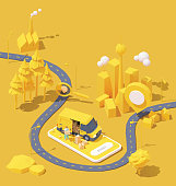 Vector parcel and mail delivery service and tracking app illustration, Smartphone with yellow delivery truck, delivery courier holding cardboard box, road from factory to home. Supply chain