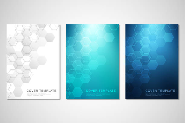 Vector covers or brochure for medicine, science and digital technology. Geometric abstract background with hexagons pattern. Molecular structure and chemical compounds. Vector covers or brochure for medicine, science and digital technology. Geometric abstract background with hexagons pattern. Molecular structure and chemical compounds brochure backgrounds stock illustrations