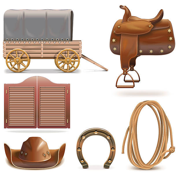 Vector Cowboy Icons Set 2 Vector cowboy icons, including hat, saddle, door, horseshoe, lasso and carriage, isolated on white background saddle stock illustrations