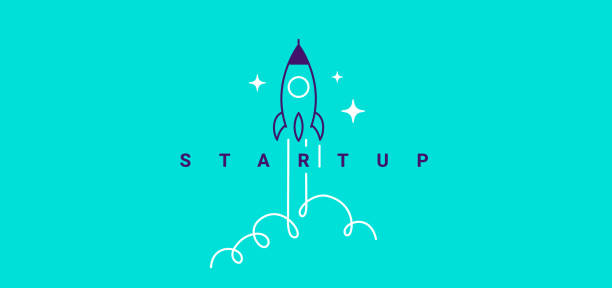Vector creative business illustration of fly up spaceship and word startup on green color background with cloud. Vector creative business illustration of fly up spaceship and word startup on green color background with cloud. Flat line art cartoon style idea design for startup web banner, poster, print rocketship stock illustrations