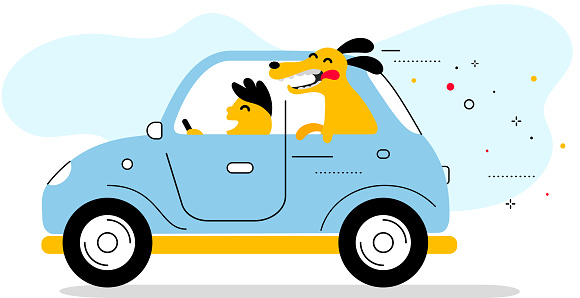 Vector creative illustration of blue color retro car with man driver and smile dog on white background.