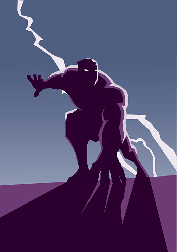 Vector Crouching Superhero Silhouette with Lightning in Background