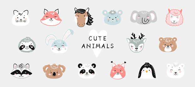 Vector Cute Animal Set. Doodle Cartoon Kawaii Wild Animals and Pets Heads. Scandinavian Nursery Print or Poster Design for Kids, Baby Shower Greeting Card
