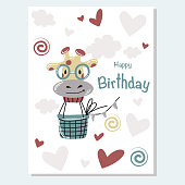istock Vector cute baby card or birhday with giraffe face air balloon and clouds, heart on white background 1355055871