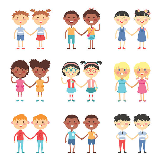 Vector cute cartoon twins brothers and sisters Vector cute cartoon twins brothers and sisters. Twin kids isolated. Small twin kids, children twin couples. Kids posing. Twin children vector people isolated. Twin kids holding hands twins stock illustrations