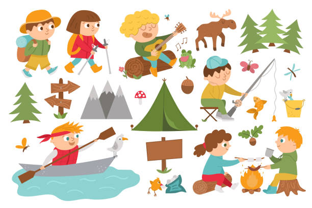 Vector cute children doing summer camp activities. Kids hiking, fishing, rafting, eating marshmallow and sausage by the fire and playing the guitar. Outdoor tourists, nature and animals icons set. Vector cute children doing summer camp activities. Kids hiking, fishing, rafting, eating marshmallow and sausage by the fire and playing the guitar. Outdoor tourists, nature and animals icons set. adventure clipart stock illustrations