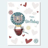 istock Vector cute greeting card for birhday with lion face air balloon and clouds, heart on white background 1354396264