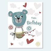 istock Vector cute greeting card for birhday with teddy bear face air balloon and clouds, heart on white background 1352233119
