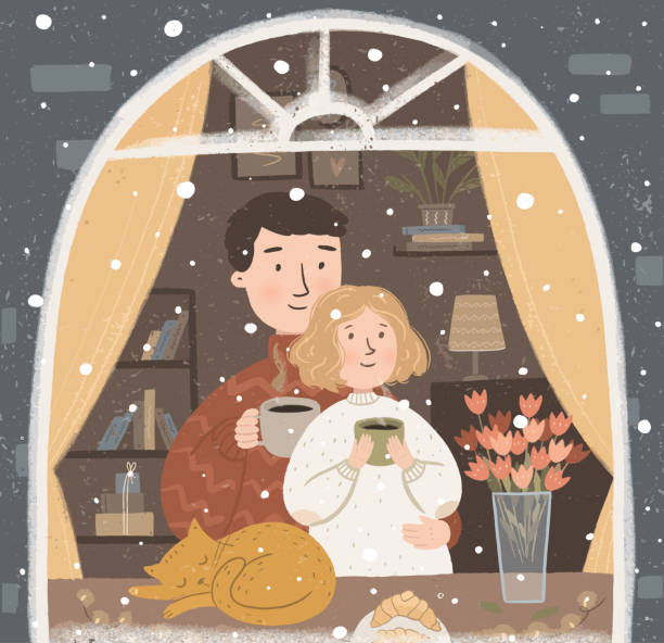 ペットと一緒に窓の近くで熱いコーヒーや紅茶を飲む愛の幸せな家族やカップルのベクターかわいいイラスト。新年、クリスマスやバレンタインデーのための冬のカード - 両親点のイラスト素材／クリップアート素材／マンガ素材／アイコン素材