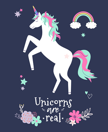 Vector Cute Illustration Of Unicorn With Flowers And Rainbow Modern ...