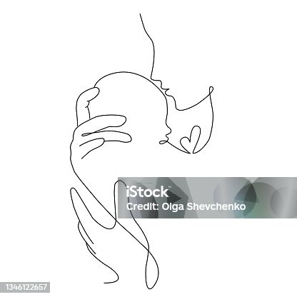 istock Vector cute one line art illustration of family portret. Lineart mother holding a new born baby in lineart style with heart 1346122657