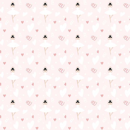 Vector cute seamless pattern for girls with ballerina and hearts for fabrics, paper, textile, gift wrap isolated on pink background for cute postcard