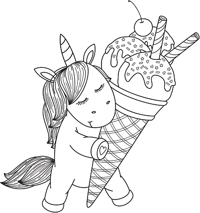 Vector Cute Unicorn Cartoon Holding Ice Cream Black Silhouette For