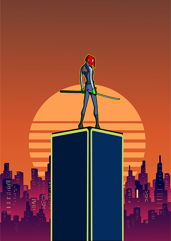 Vector Cyberpunk Female Ninja in Futuristic City Stock Illustration