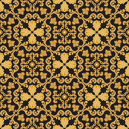 Vector Damask seamless pattern from golden Baroque scrolls, acanthus leaf on a black background