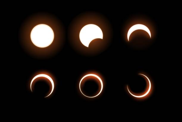 Vector Dark total and partial solar eclipse, several phases. Black background - isolated illustration vector art illustration