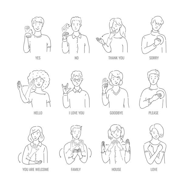 Vector deaf mute sign language character gesture Vector men, women showing basic deaf-mute sign language symbol. Smiling sketch female, male monochrome characters and hand communication sign set. Different social communication, basic word sign illustrations stock illustrations