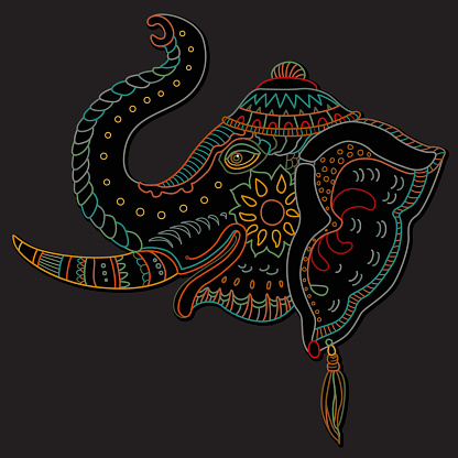 Vector decorative fantasy ornate Indian elephant head silhouette. Hand drawn doodle sketch. Dark colour contour thin line, ethnic ornaments on a black background. T-shirt print. Batik paint. Book cover