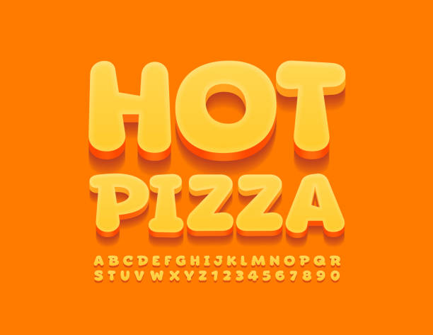 Vector delicious emblem Hot Pizza. Creative yellow Alphabet Letters and Numbers set 3D funny Font cheese patterns stock illustrations
