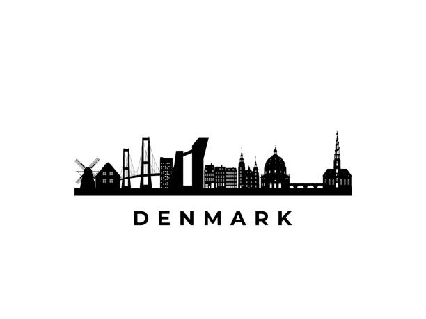 벡터 덴마크 스카이 라인. 덴마크의 유명한 랜드마크를 여행하십시오. 프리젠 테이션, 배너, 웹 사이트에 대한 비즈니스 및 관광 개념. - copenhagen stock illustrations