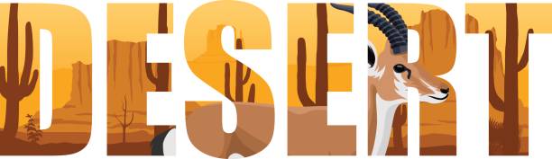 illustrazioni stock, clip art, cartoni animati e icone di tendenza di vettore deserto parola con illustartion gazzella - gobi desert