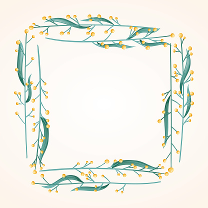 Vector design element, frame of twigs or stems of a field plant with yellow flower buds.