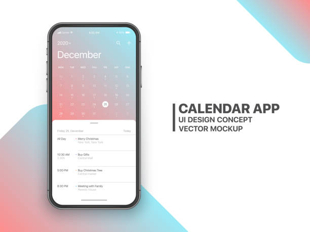 Vector Design Template Calendar App UI UX Concept Calendar App Concept December 2020 Page with To Do List and Tasks UI UX Design Mockup Vector on Frameless Smartphone Iphone 11 Screen Isolated on White Background. Planner Application Template for Mobile Phone cyborg stock illustrations