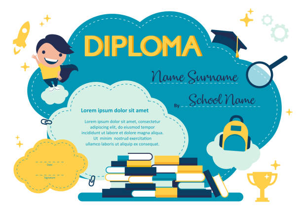 Vector design template kids colorful diploma at graduation Vector design template kids colorful diploma at graduation alphabet borders stock illustrations