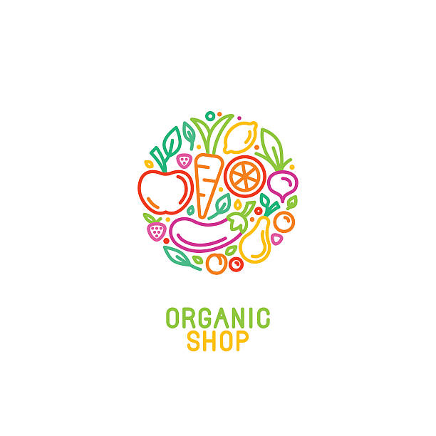 Vector design template with fruit and vegetable icons Vector design template with fruit and vegetable icons in trendy linear style - abstract emblem for organic shop, healthy food store or vegetarian cafe smoothie silhouettes stock illustrations