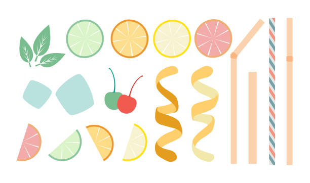Vector designer kit for drinks in flat style Vector designer kit for drinks in flat style - sliced citrus fruits, various straws, mint leaves, ice and other decorations, top view isolated on white twisted stock illustrations
