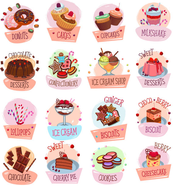 Vector dessert cackes icons for bakery shop cafe Bakery shop sweets and desserts icons for cafeteria menu. Vector set of berry and fruit cakes, chocolate pies or pastry cookies and biscuits, ice cream or tiramisu and brownie tortes and donuts cupcake illustrations stock illustrations