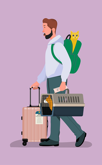 Vector detailed character of traveler with his pet.  A traveler with luggage in one hand and a corgi in the other and a cat in the backpack  .