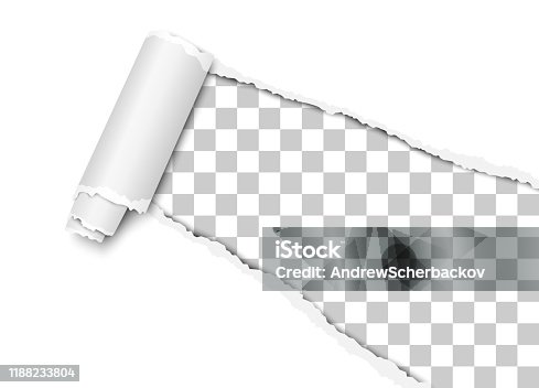 istock Vector diagonally torn hole in white sheet of paper from lower right corner with cur and  soft shadow 1188233804