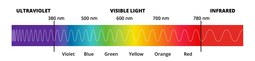 Vector diagram with the visible light spectrum. Visible light, infrared, and ultraviolet. Electromagnetic spectrum visible to the human eye. Violet, Blue green, yellow, orange, red color gradient. The shceme or infographic is isolated on a white background