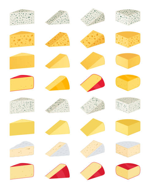 Vector different types of cheese icons Vector different types of cheese icons for dairies, farms, packaging and groceries branding parmesan cheese illustrations stock illustrations