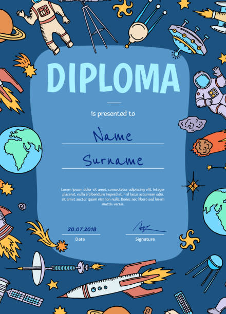 Vector diploma or certificate for children with hand drawn space illustration Vector diploma or certificate template for children with hand drawn space elements illustration rocketship borders stock illustrations