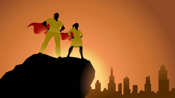 A silhouette style vector illustration of two medical superheros standing on top of a cliff with city skyline in the background.