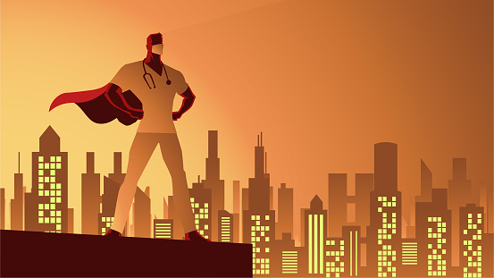 Vector Doctor Health Worker Superhero in Silhouette in a City Stock Illustration