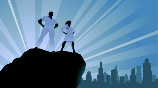 Vector Doctors Superhero Silhouette Stock Illustration A silhouette style illustration of a couple of doctors or healthcare workers standing on a cliff with city skyline in the background. Wide space available for your copy. nurse stock illustrations