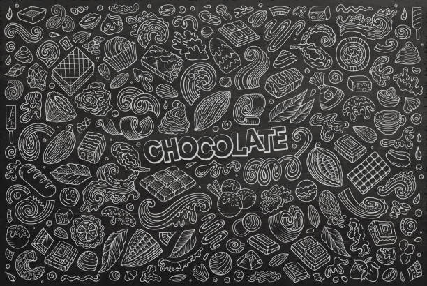 ilustrações de stock, clip art, desenhos animados e ícones de vector doodle cartoon set of chocolate theme items, objects and symbols - bolos de chocolate