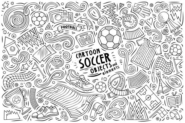 Vector doodle cartoon set of Soccer objects Line art vector hand drawn doodle cartoon set of Soccer theme items, objects and symbols soccer drawings stock illustrations
