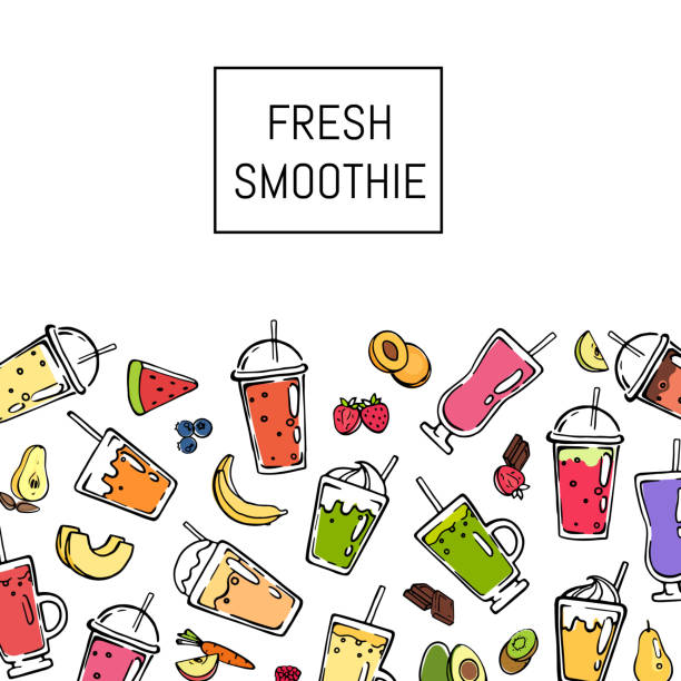 Vector doodle fresh smoothie drink background illustration Vector doodle fresh smoothie drink background illustration. Banner with place for text smoothie designs stock illustrations