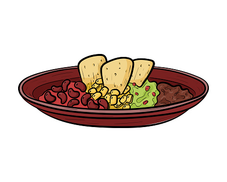Vector doodle illustration, dish with mexican spicy appetizer of beans, corn, guacamole and nachos isolated on white.