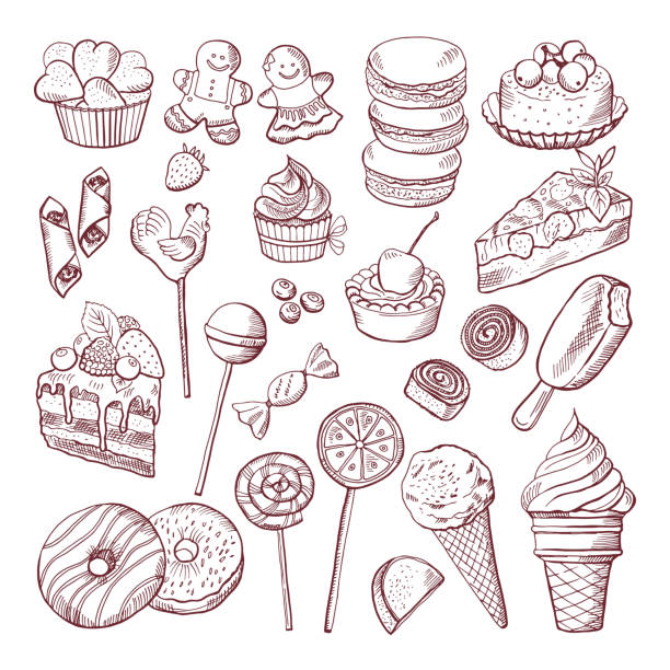Vector doodle pictures of different desserts sweets and cakes Vector doodle pictures of different desserts sweets and cakes. Sweet cake sketch doodle, illustration of sweet food cupcake illustrations stock illustrations