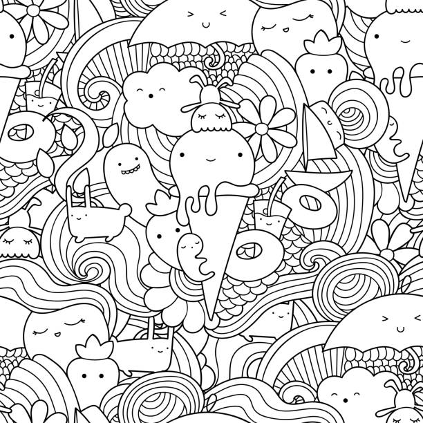 Vector doodle seamless pattern with ice cream, fruits and waves. Summer pattern for coloring book or design print. coloring pages stock illustrations