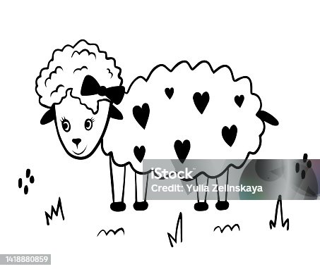 istock Vector doodle sheep with hearts. Coloring book page for kids 1418880859