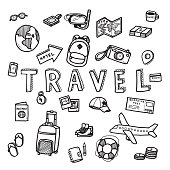 Vector doodle sketch of travel and tourist concept on white background. Doodle art world travel collection design.