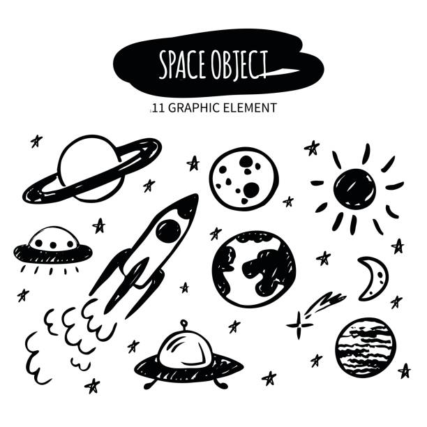 Vector doodle space object. Hand drawn planets, stars, spaceship, ufo. Made with ink. Cartoon graphic element for design and decor. Vector doodle space object. Hand drawn planets, stars, spaceship, ufo. Made with ink. Cartoon graphic element for design and decor. rocketship drawings stock illustrations
