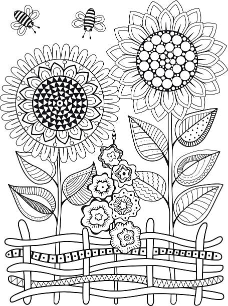 vektor-doodle sonnenblumen. malbuch für erwachsene. sommerblumen. blumenbeet - erwachsene person stock-grafiken, -clipart, -cartoons und -symbole